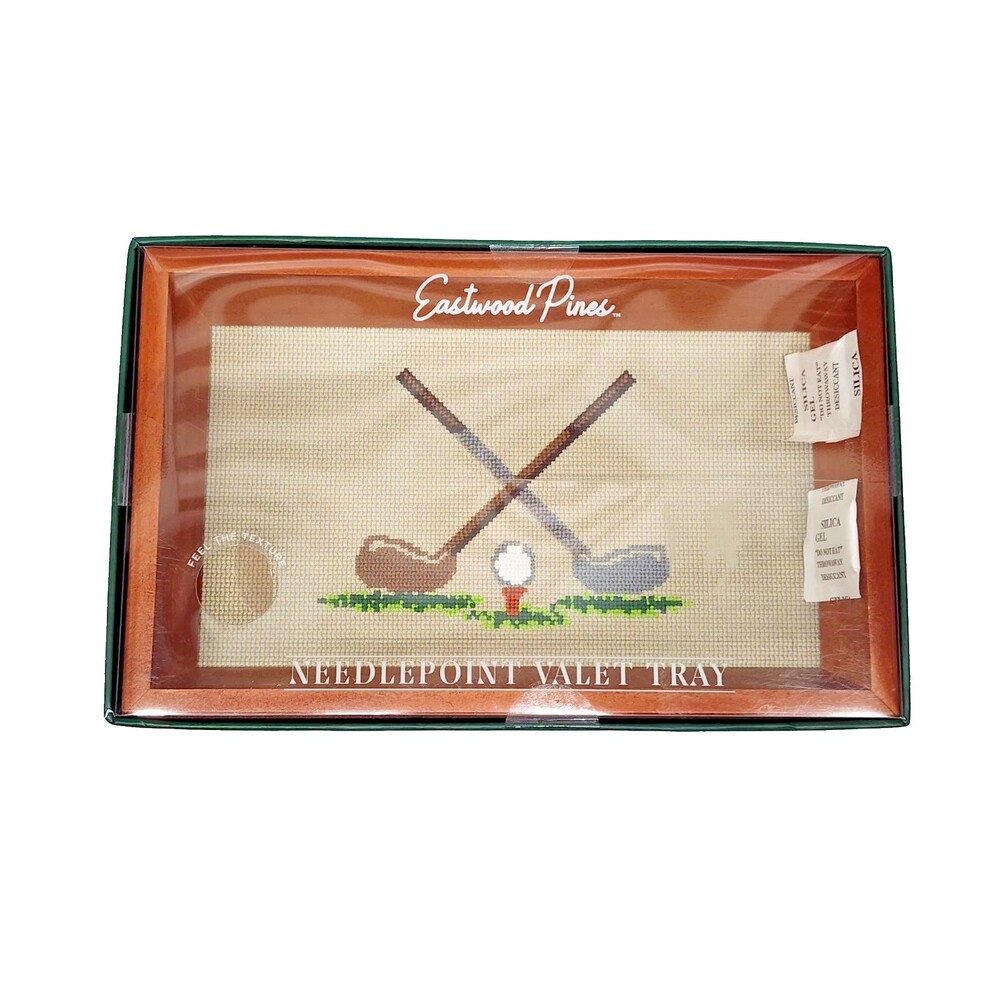 Eastwood Pines Needlepoint Wooden Valet Tray Golf Motif Brand New Sealed